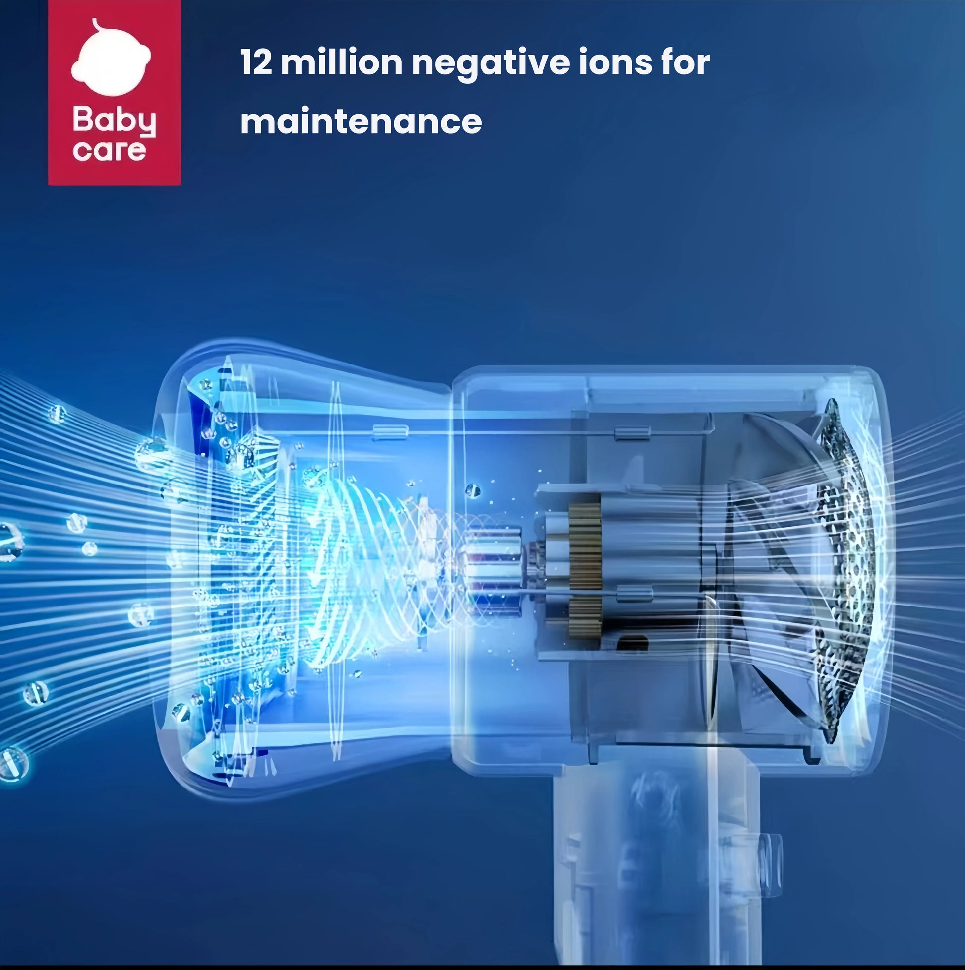Close-up of Babycare baby hair dryer internal mechanism releasing 12 million negative ions per second to nourish and protect delicate baby hair