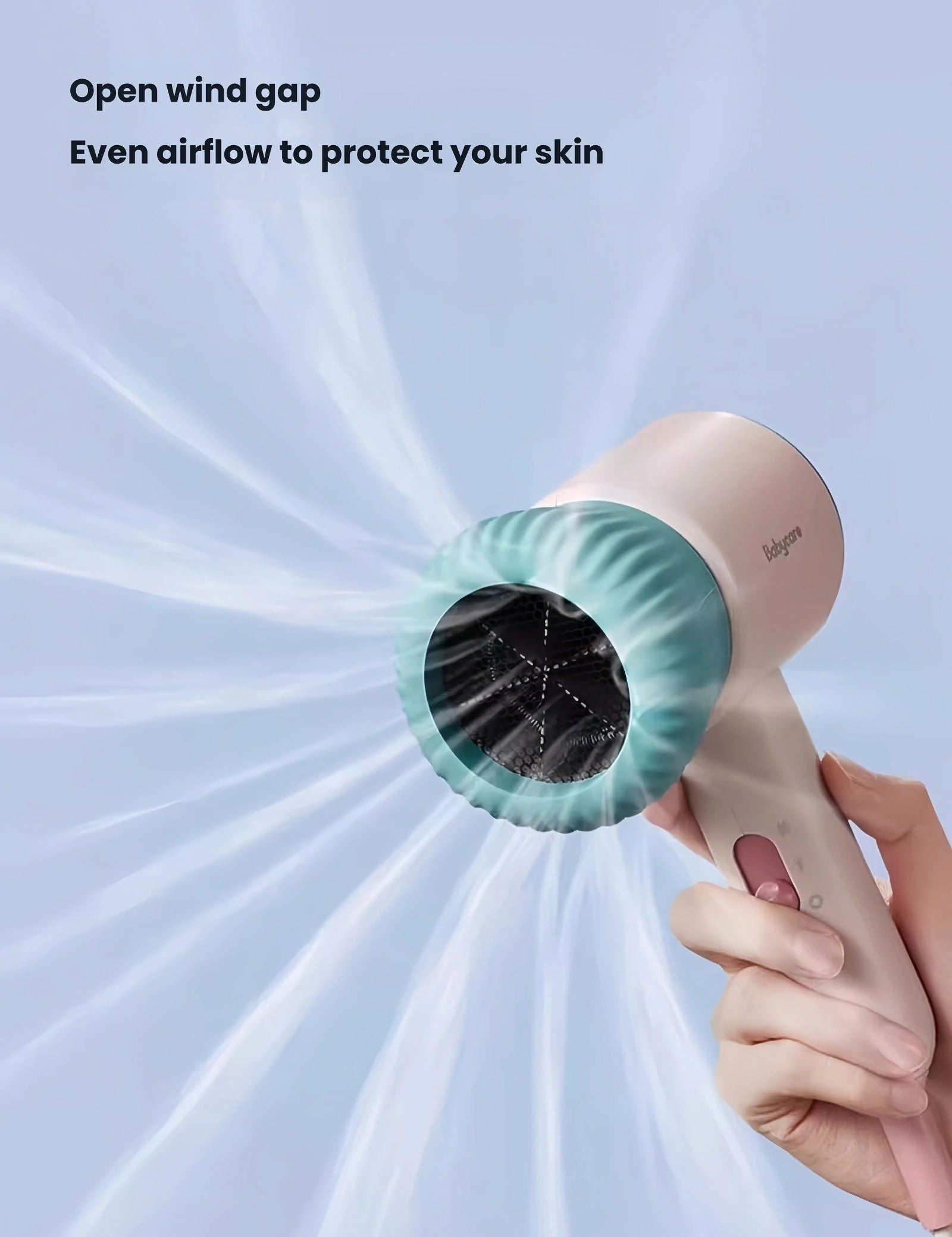 Babycare baby hair dryer with open wind gap technology delivering even, gentle airflow to protect sensitive baby skin during drying