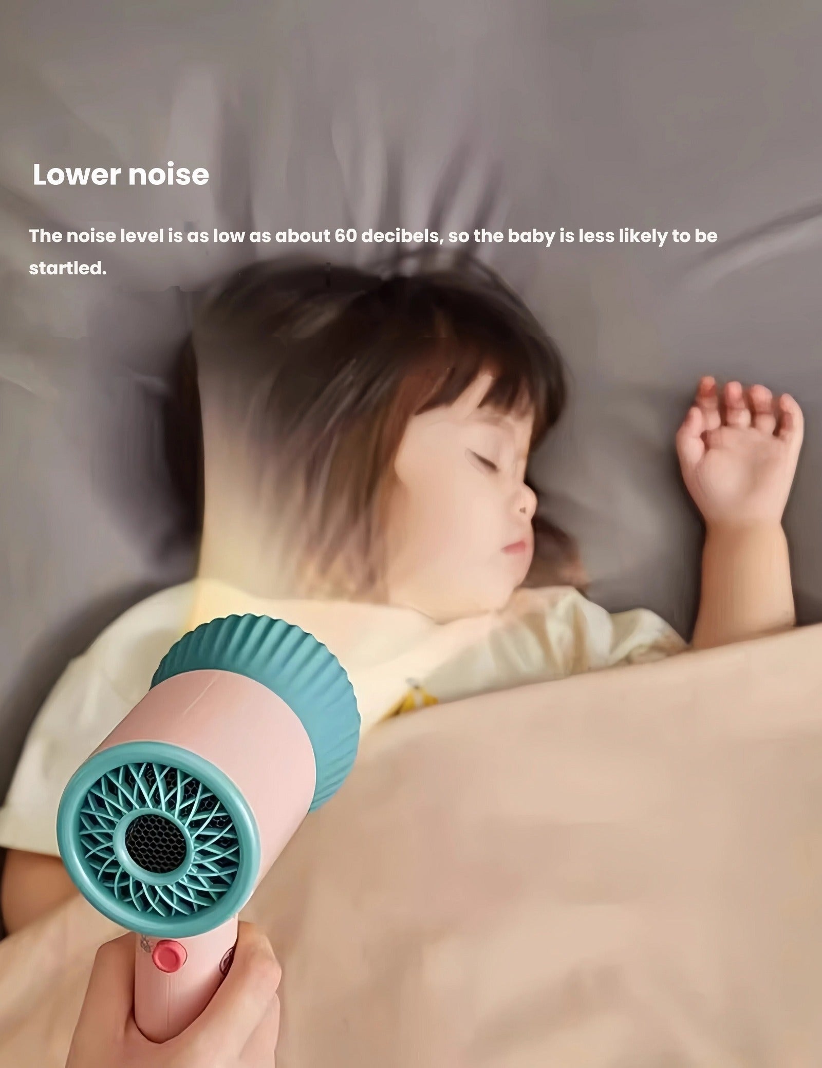 Babycare baby hair dryer used near sleeping infant, low noise level of about 60 decibels ensures baby stays calm and undisturbed
