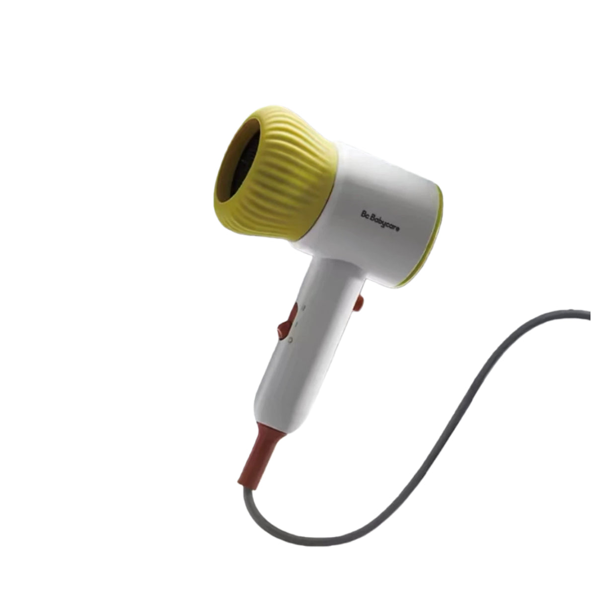 Babycare baby hair dryer in white and yellow, lightweight and ergonomic design with negative ion technology for healthy hair care