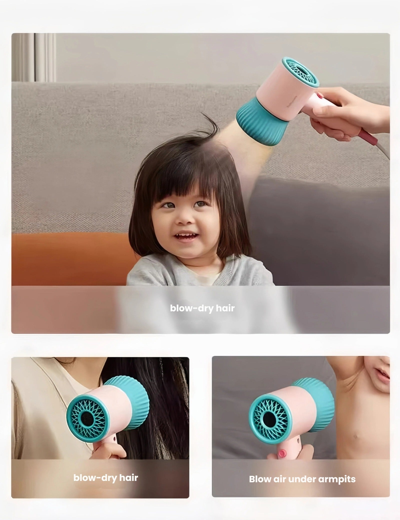 Parent using Babycare baby hair dryer to gently blow-dry a child’s hair and cool under armpits, featuring low noise and even airflow for comfort