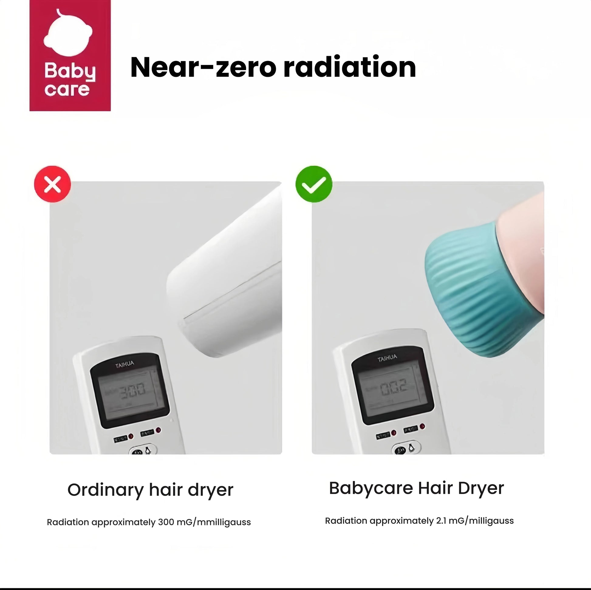 Comparison showing Babycare baby hair dryer with near-zero radiation (2.1 mG) versus ordinary dryer (300 mG), safer for infants and toddlers