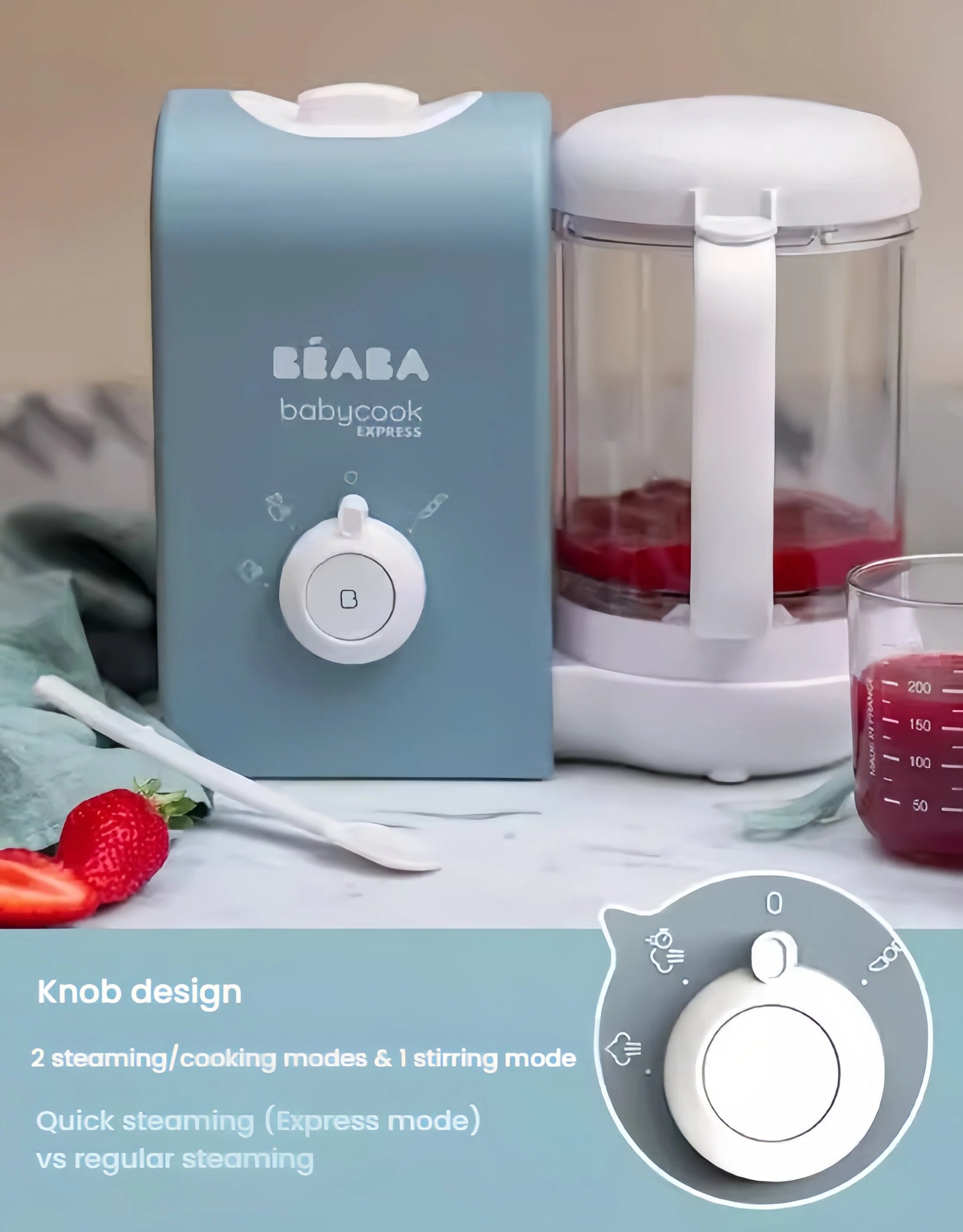 Close-up of Beaba Babycook Express control knob showing 2 steaming modes (Express & Regular) and 1 stirring mode—simple one-touch operation for customizable baby food texture.