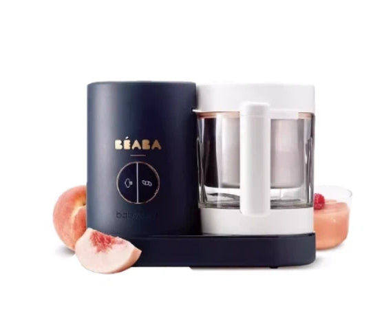 Beaba Babycook Neo baby food processor in navy blue color, featuring a glass blending cup and stainless steel steaming basket—perfect for making fresh peach puree and healthy homemade meals.
