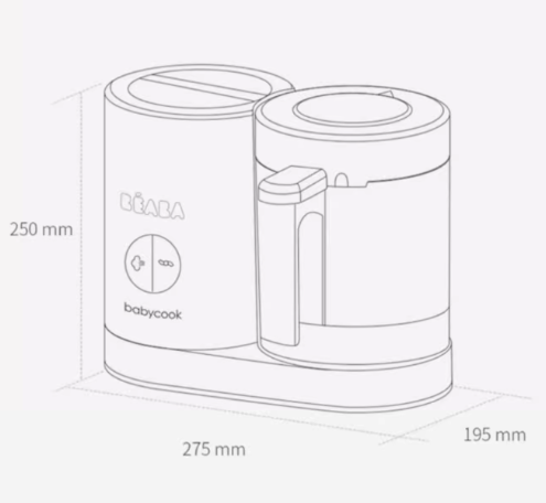 Technical diagram of Beaba Babycook Neo showing dimensions: 250mm height, 275mm width, and 195mm depth—compact design ideal for small kitchens and easy storage.