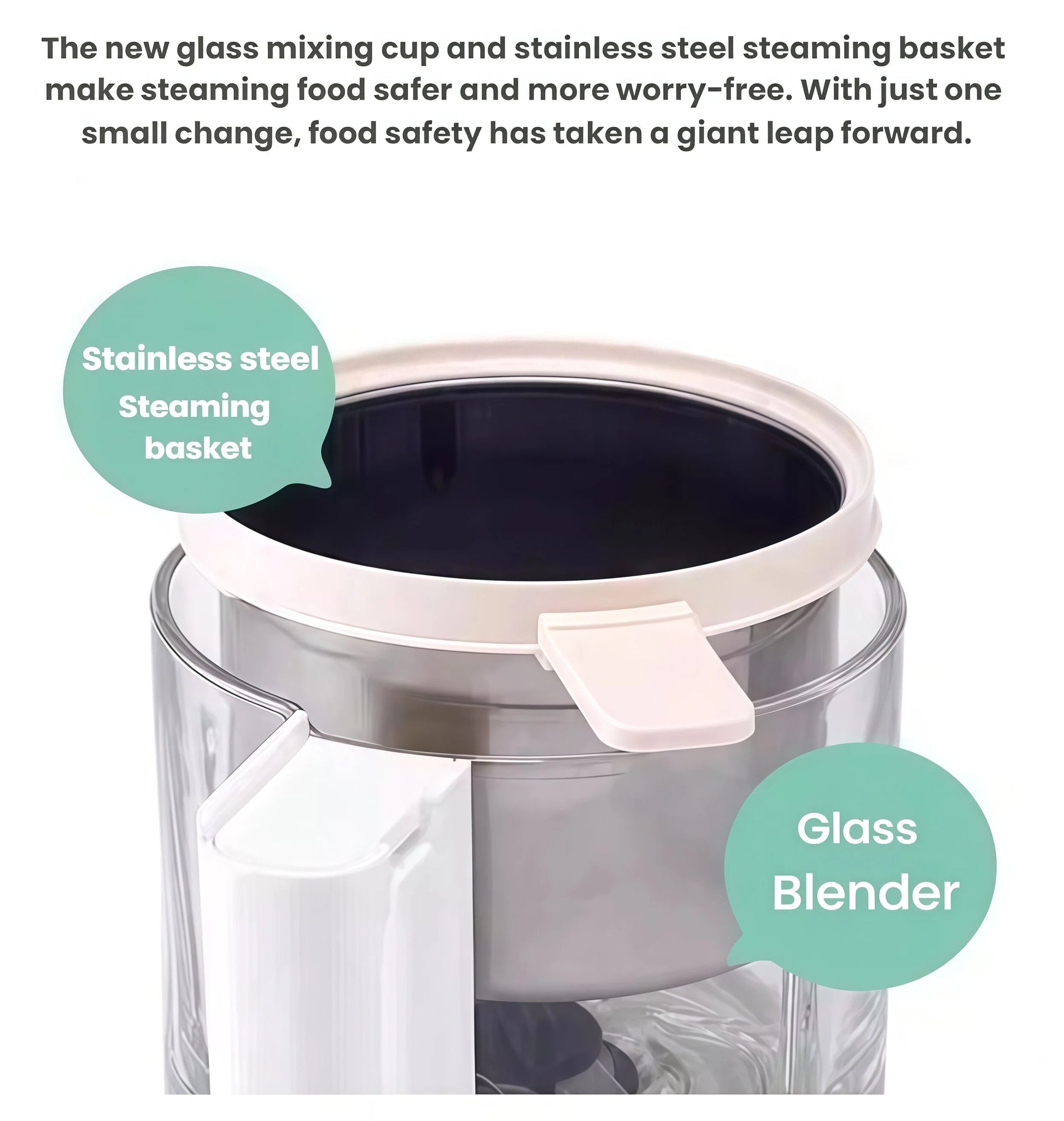 Close-up of Beaba Babycook Neo’s new glass mixing cup and stainless steel steaming basket—safe, durable, and designed for worry-free cooking and blending of baby food.
