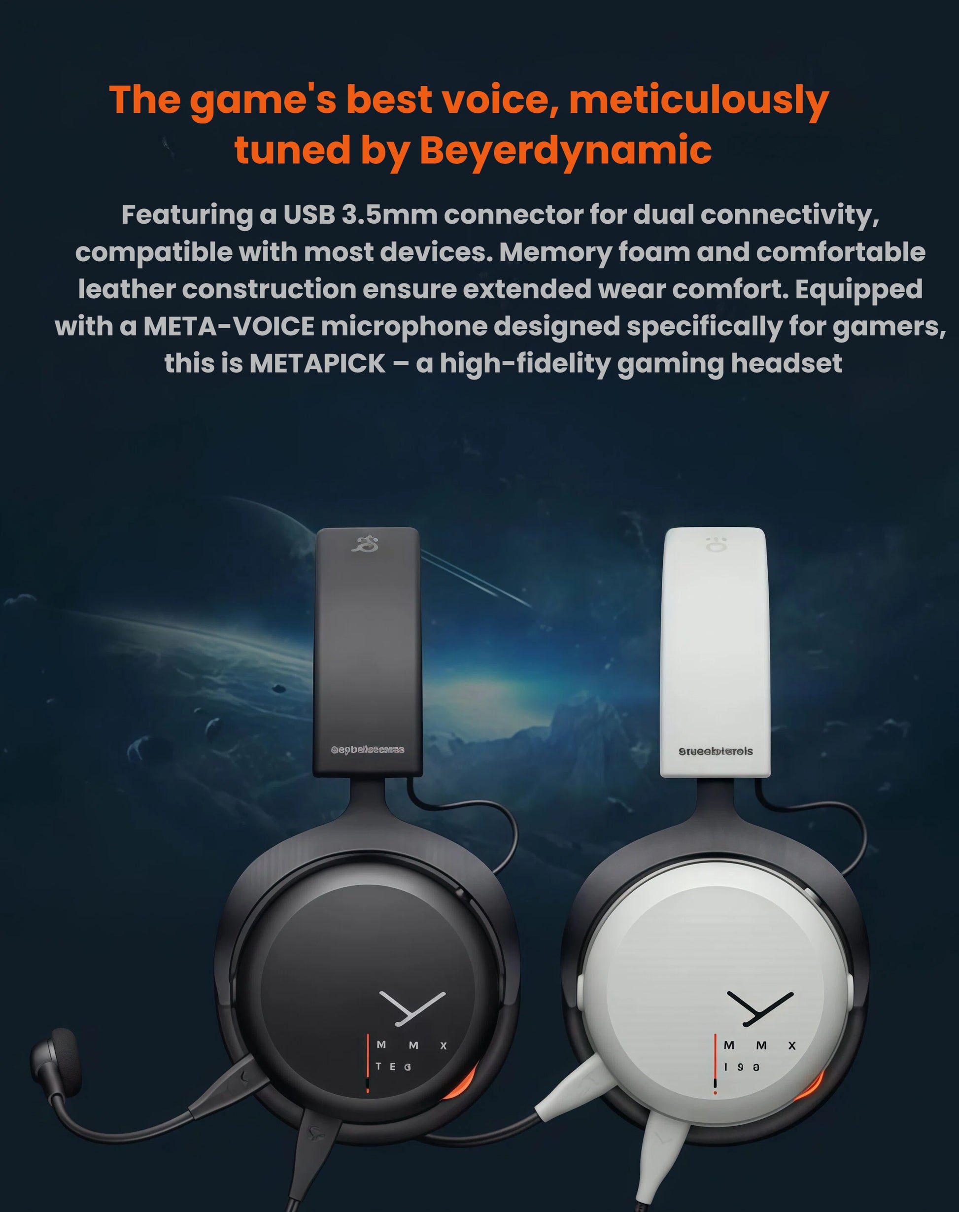 Dual-color Beyerdynamic MMX 150 gaming headsets in black and white models showcasing premium design, USB 3.5mm dual connectivity, and META-VOICE microphone tuned for gamers.