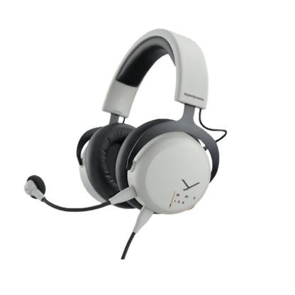 White Beyerdynamic MMX 150 gaming headset with memory foam earcups, synthetic leather headband, and flexible boom mic for clear communication.