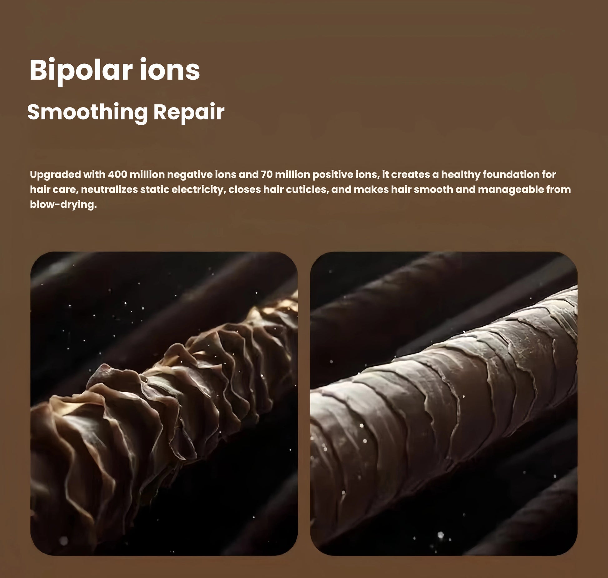 Before and after comparison showing how Laifen Swift 4’s bipolar ions (400M negative + 70M positive) smooth hair cuticles and reduce static for sleek, manageable hair.