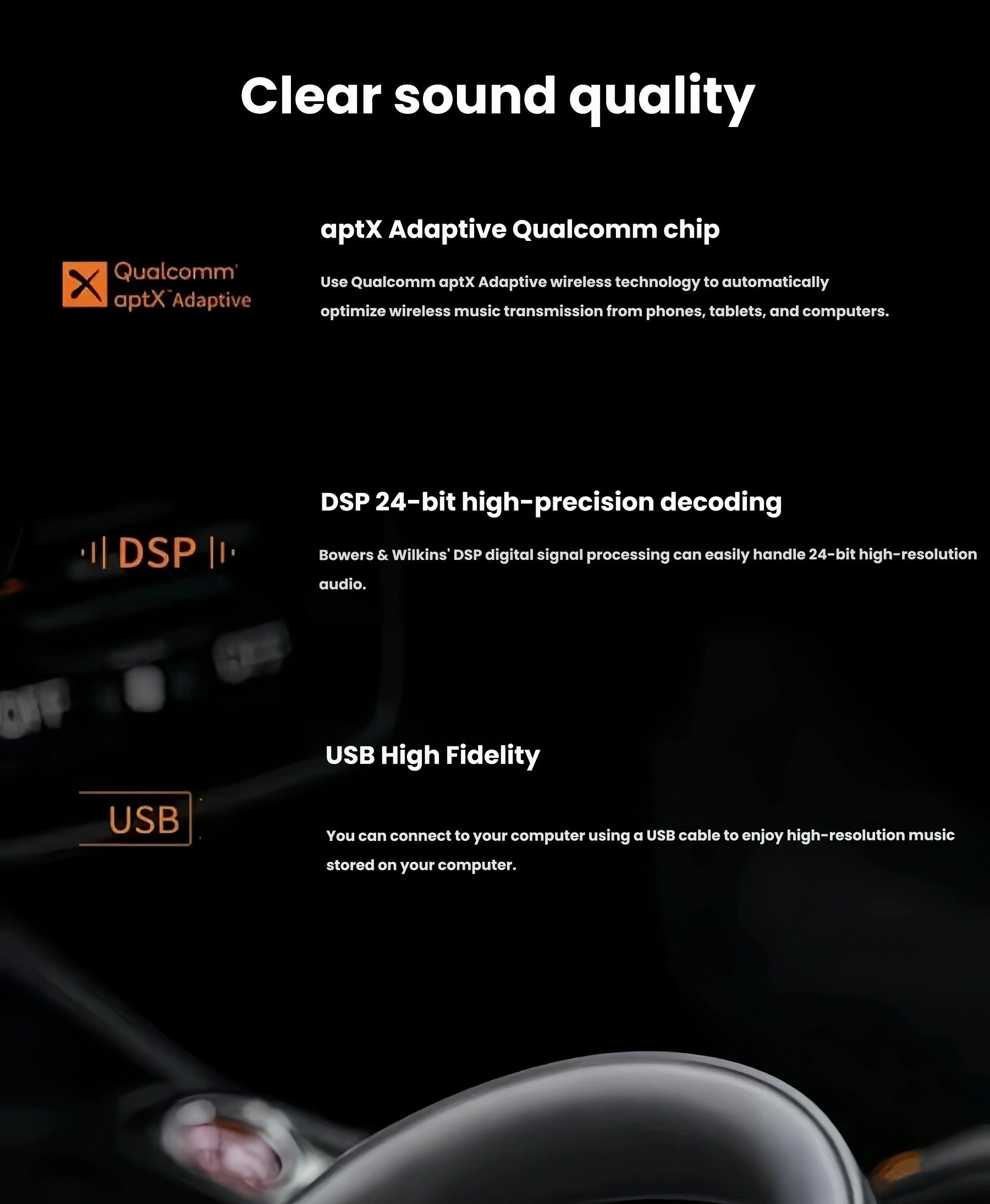 Feature graphic highlighting Bowers & Wilkins PX8 S2 audio tech: Qualcomm aptX Adaptive chip, 24-bit DSP decoding, and USB high-fidelity connection for premium sound quality.
