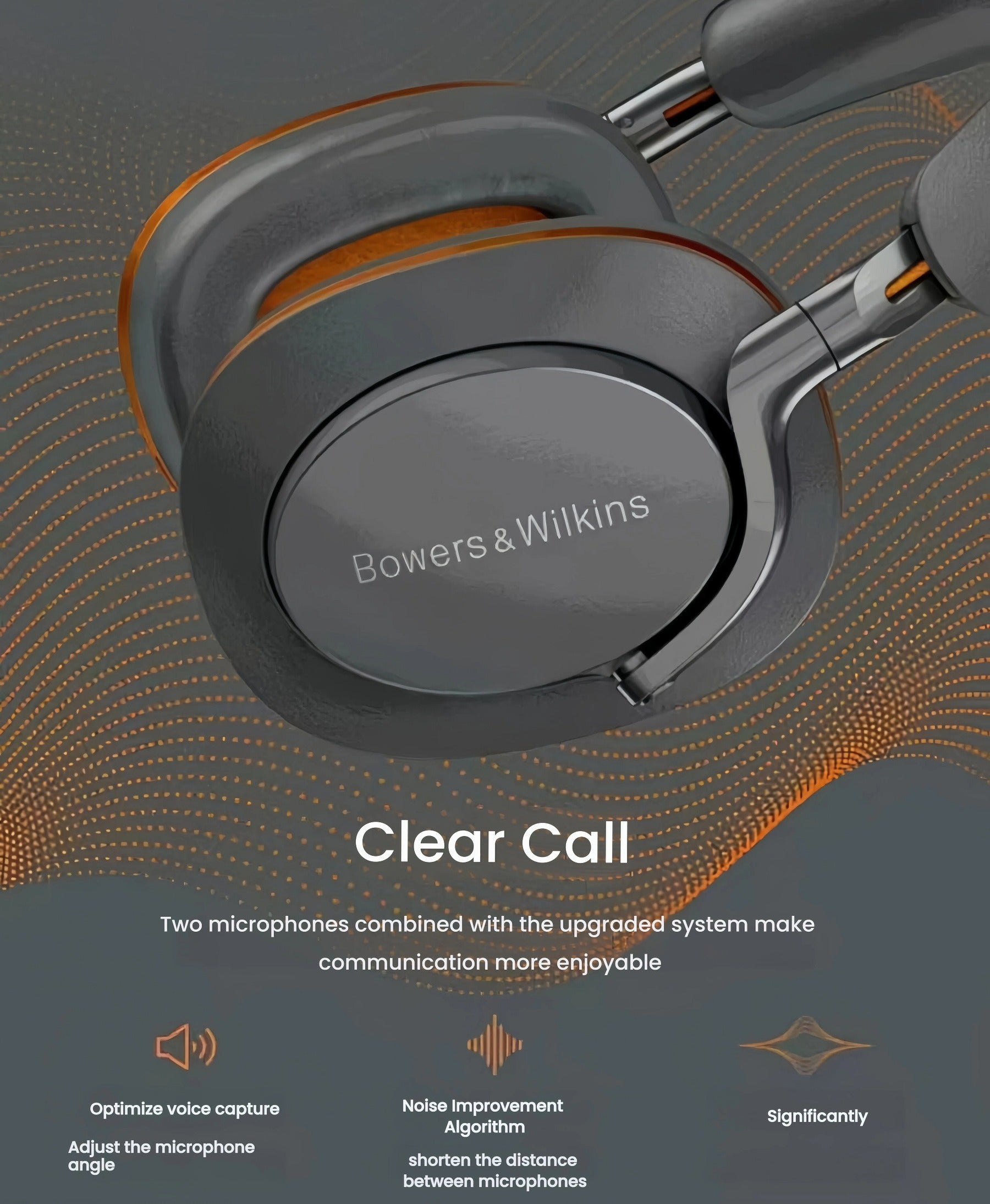 Bowers & Wilkins PX8 S2 microphone system with dual mics and noise improvement algorithm — optimized voice capture for clear, professional calls.