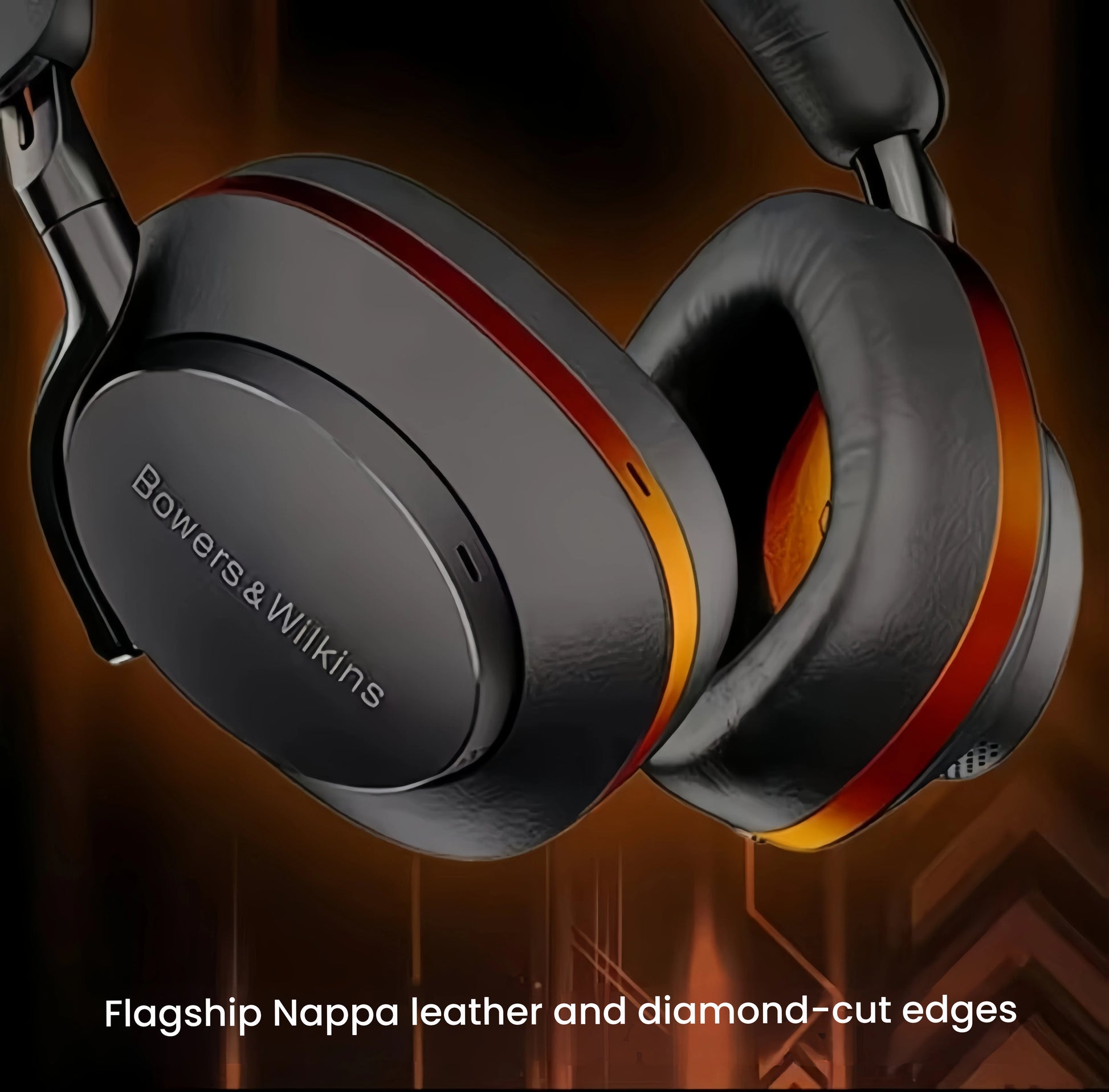 Close-up of Bowers & Wilkins PX8 S2 headphones showcasing premium Nappa leather earcups with diamond-cut edges — luxury design meets high-end audio engineering.