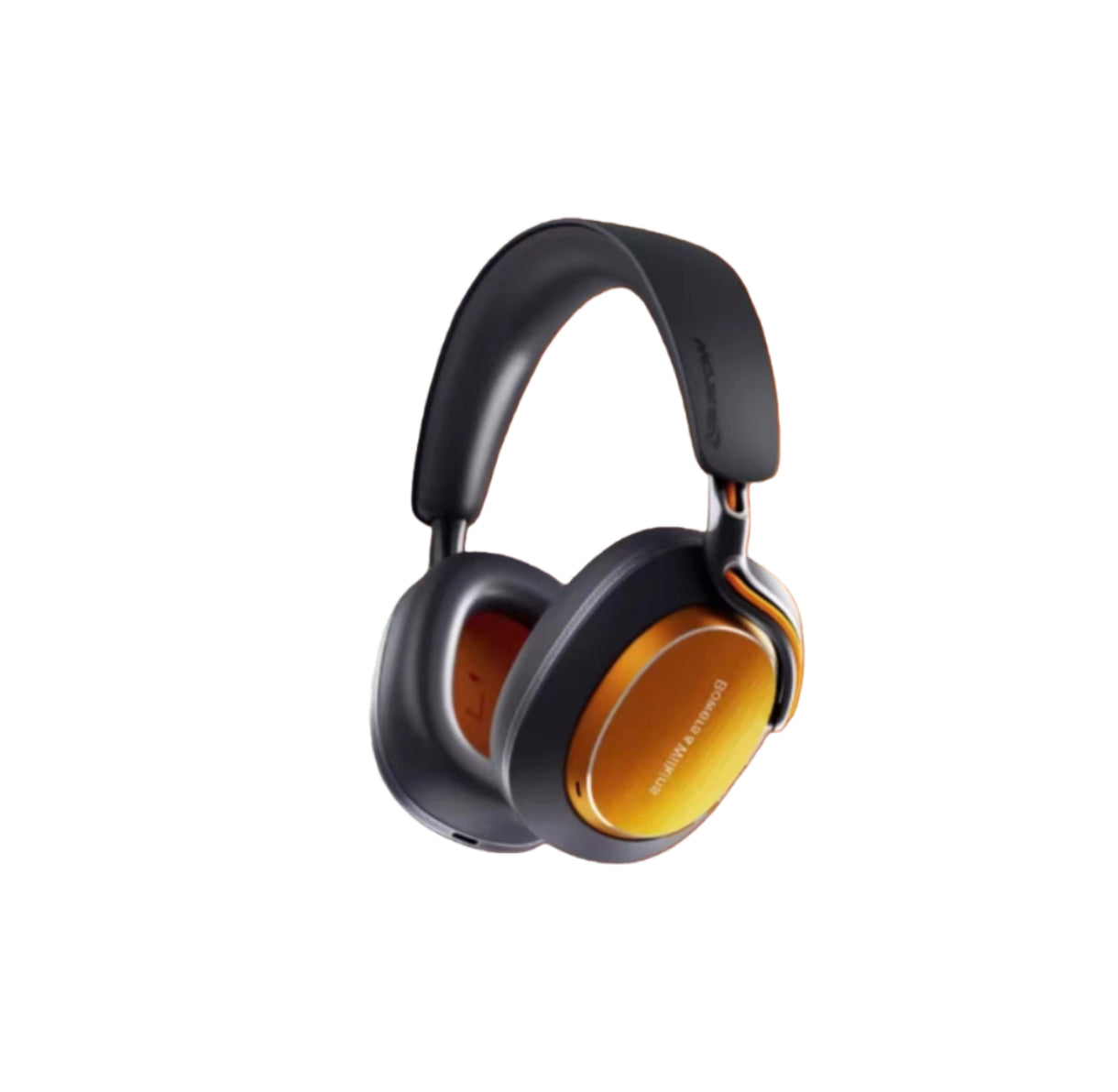 Front view of Bowers & Wilkins PX8 S2 noise-cancelling wireless over-ear headphones in black with orange accents — sleek, modern design for audiophiles.