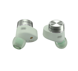 Front view of Bowers & Wilkins Pi5 S2 true wireless earbuds in mint green color, featuring premium metal accents and ergonomic design for comfort and style.