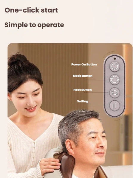 A woman helps a man use the Breo 3D hands-free neck and shoulder massager. The device features one-click start with intuitive buttons for power, mode, heat, and settings—ideal for elderly or first-time users.