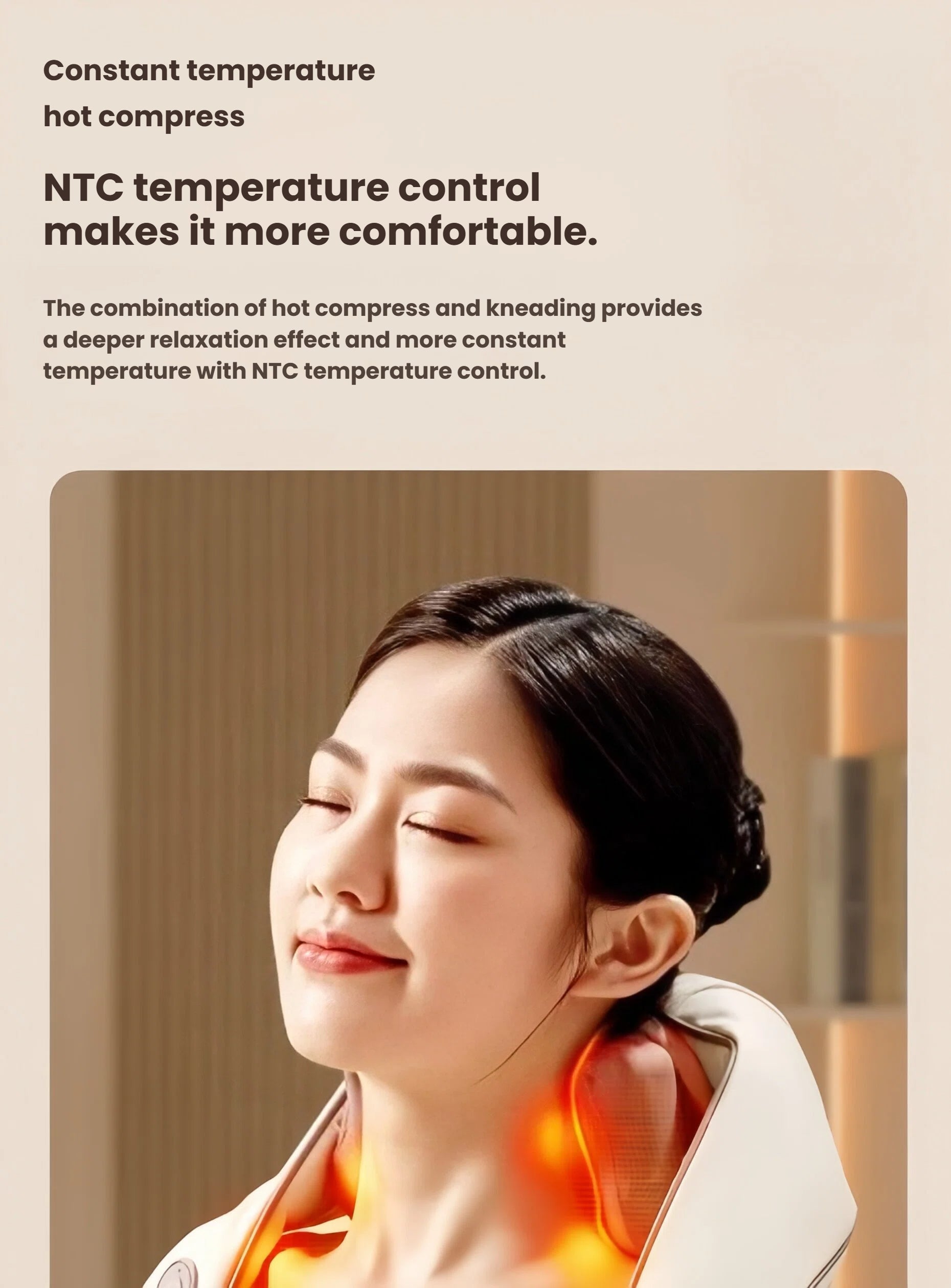 Close-up of a woman enjoying the Breo 3D neck and shoulder massager with visible heat therapy. The NTC temperature control ensures consistent warmth for deeper relaxation and muscle relief.