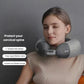 A woman wearing the Breo iNeck Air 2 around her neck for muscle relaxation. The C-shaped design supports the cervical spine, while the press-type inflation valve allows quick setup for travel or desk use.