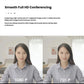 Split-screen comparison showing a woman on a video call; left side labeled “1080 P” is crisp, right side labeled “720 P” is softer, highlighting the Brio 300’s 1080p clarity.