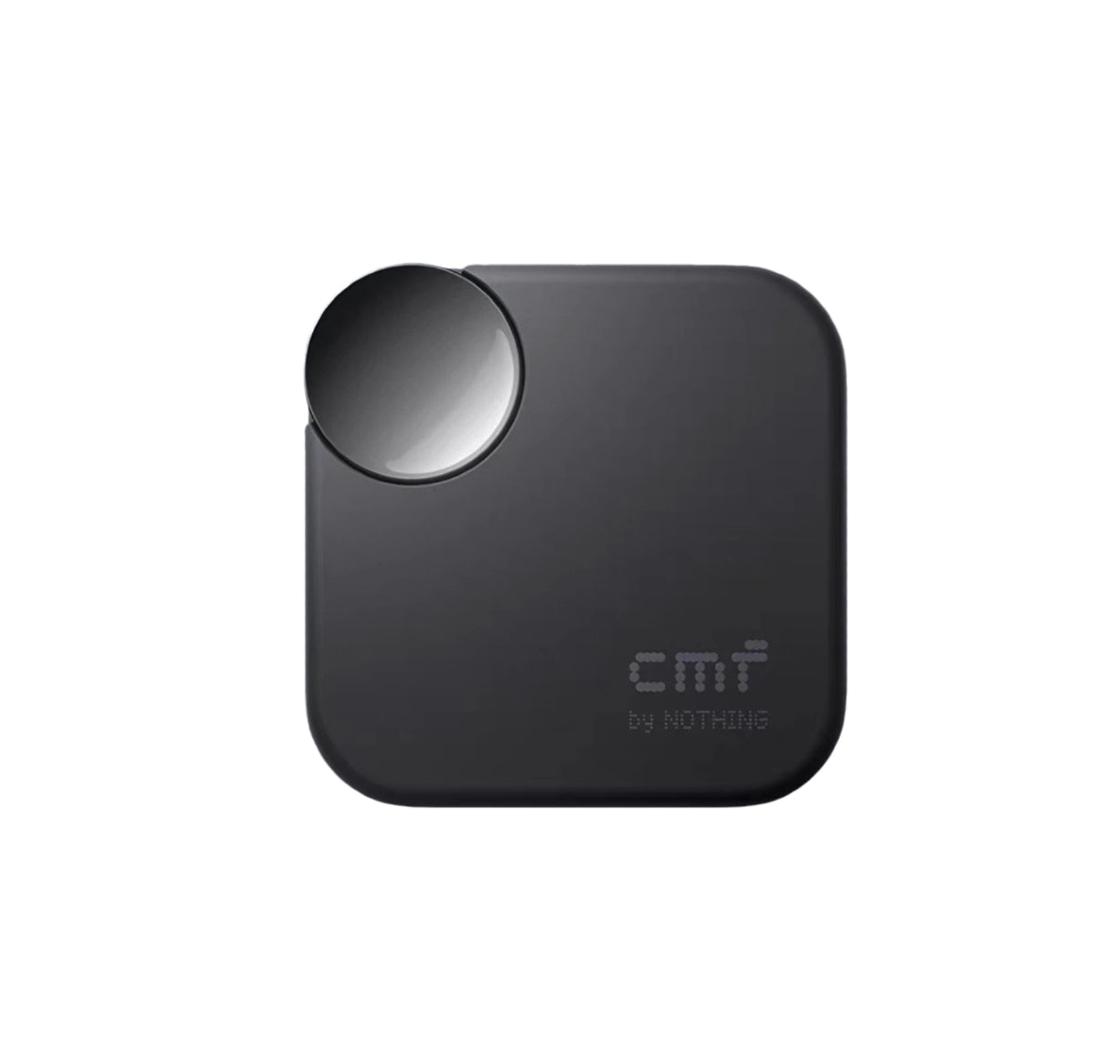 Black CMF Buds 2a charging case with a glossy rotating control knob and subtle "cmf by NOTHING" logo, emphasizing a minimalist, high-end design suitable for daily use.