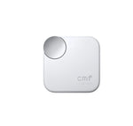 White CMF Buds 2a charging case with minimalist design, metallic rotating control knob, and embossed "cmf by NOTHING" logo, showcasing premium build quality and modern aesthetics.