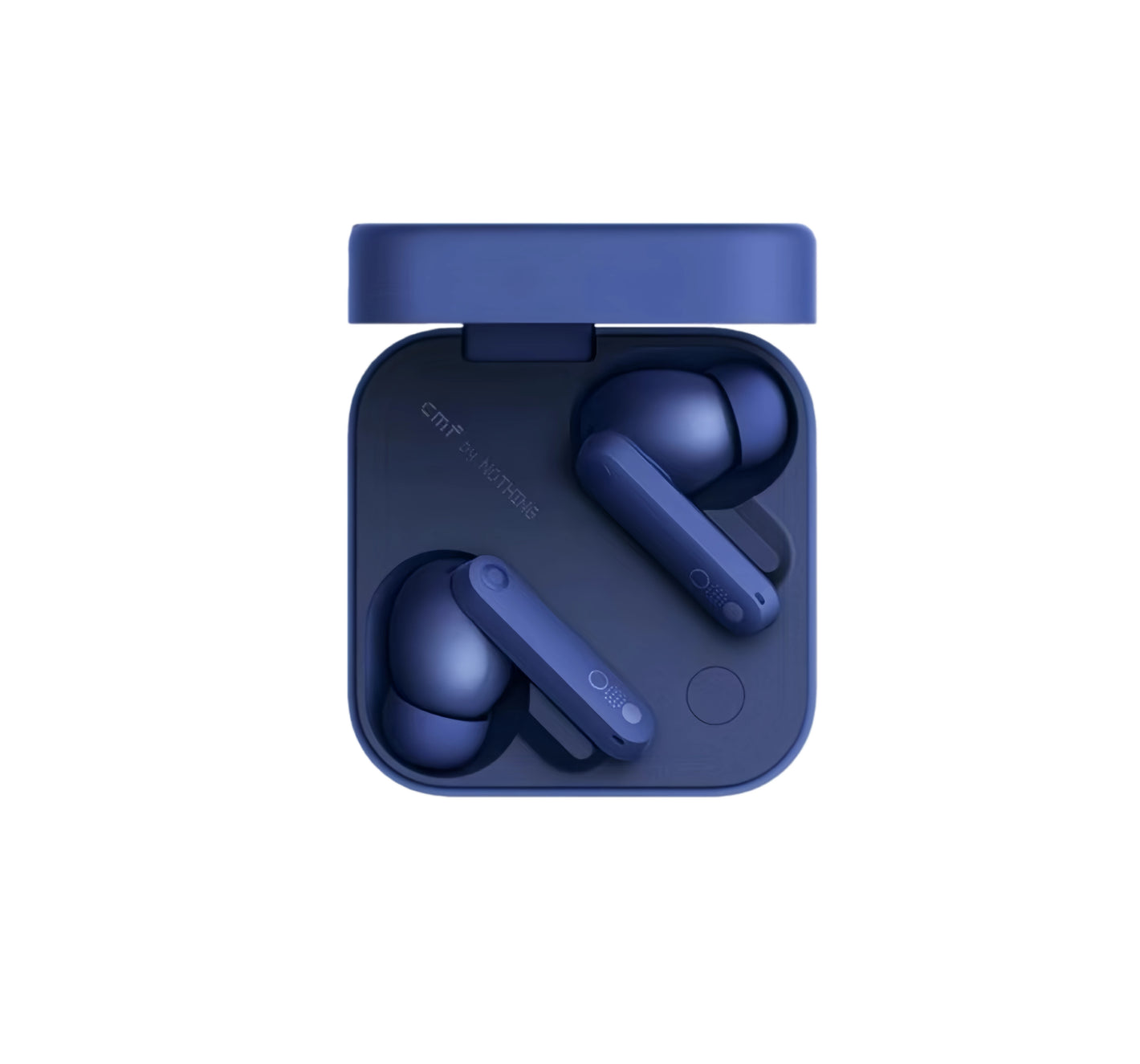 Top-down view of navy blue CMF Buds Pro 2 wireless earbuds inside their open charging case, showcasing sleek matte finish, ergonomic design, and "CMF by NOTHING" branding on the interior.