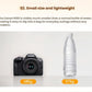 Side-by-side comparison showing the Canon EOS R100 (485 g) next to a standard water bottle (575 g), highlighting its ultra-light, travel-friendly design.