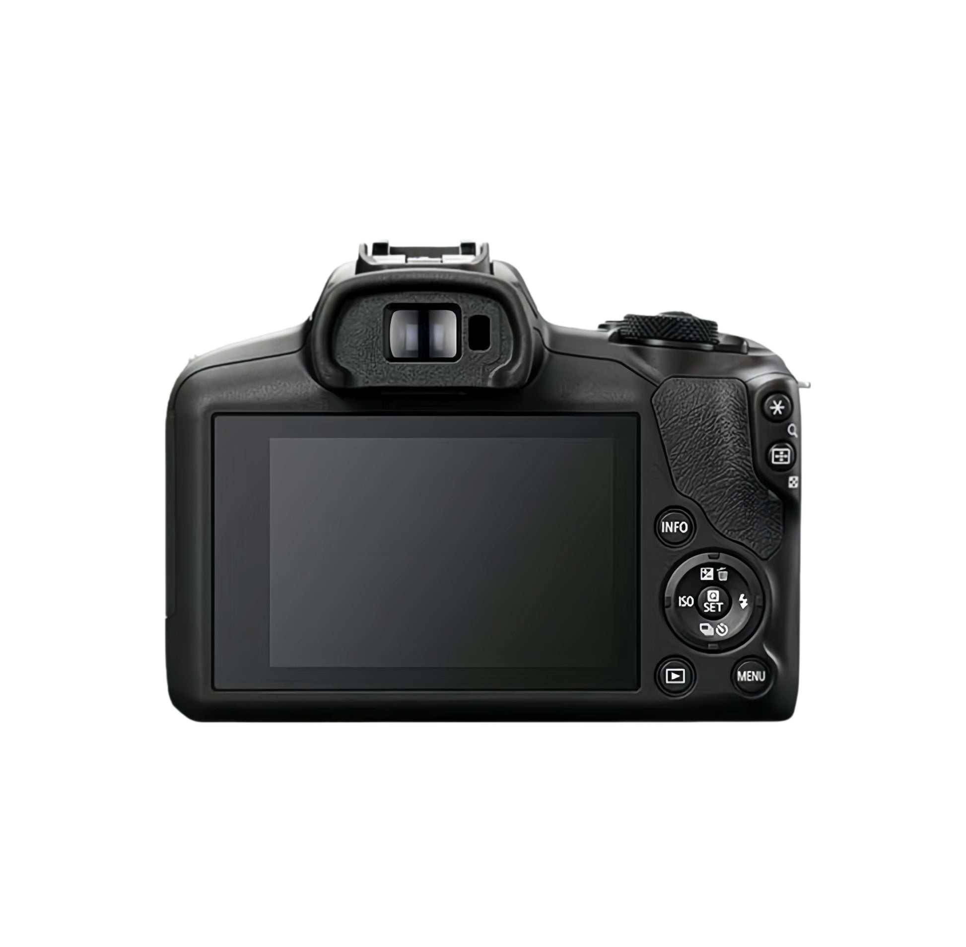 Rear view of the Canon EOS R100 displaying the 3.0-inch fixed LCD screen, optical viewfinder, and intuitive control dial layout for easy navigation.