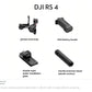Flat-lay of DJI RS4 gimbal body, BG21 battery handle, double-layer quick-install plate, extension tripod, USB-C cables and screw set.