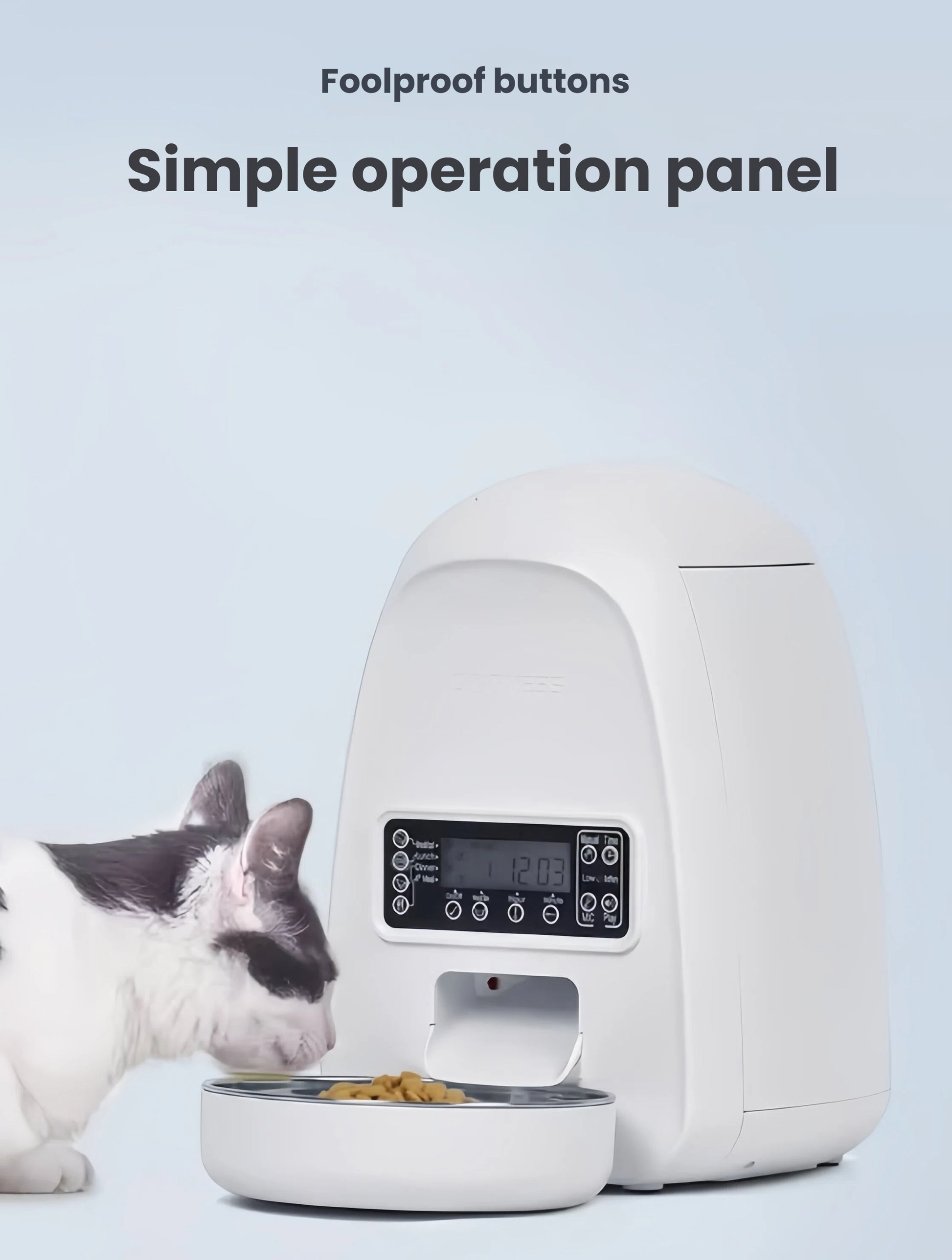 Cat eating from DOGNESS Mini programmable feeder featuring foolproof button panel and clear LCD screen for quick setup.