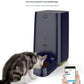Tabby cat eating from navy blue DOGNESS 6L feeder while owner sets schedule on mobile app, demonstrating remote feeding.