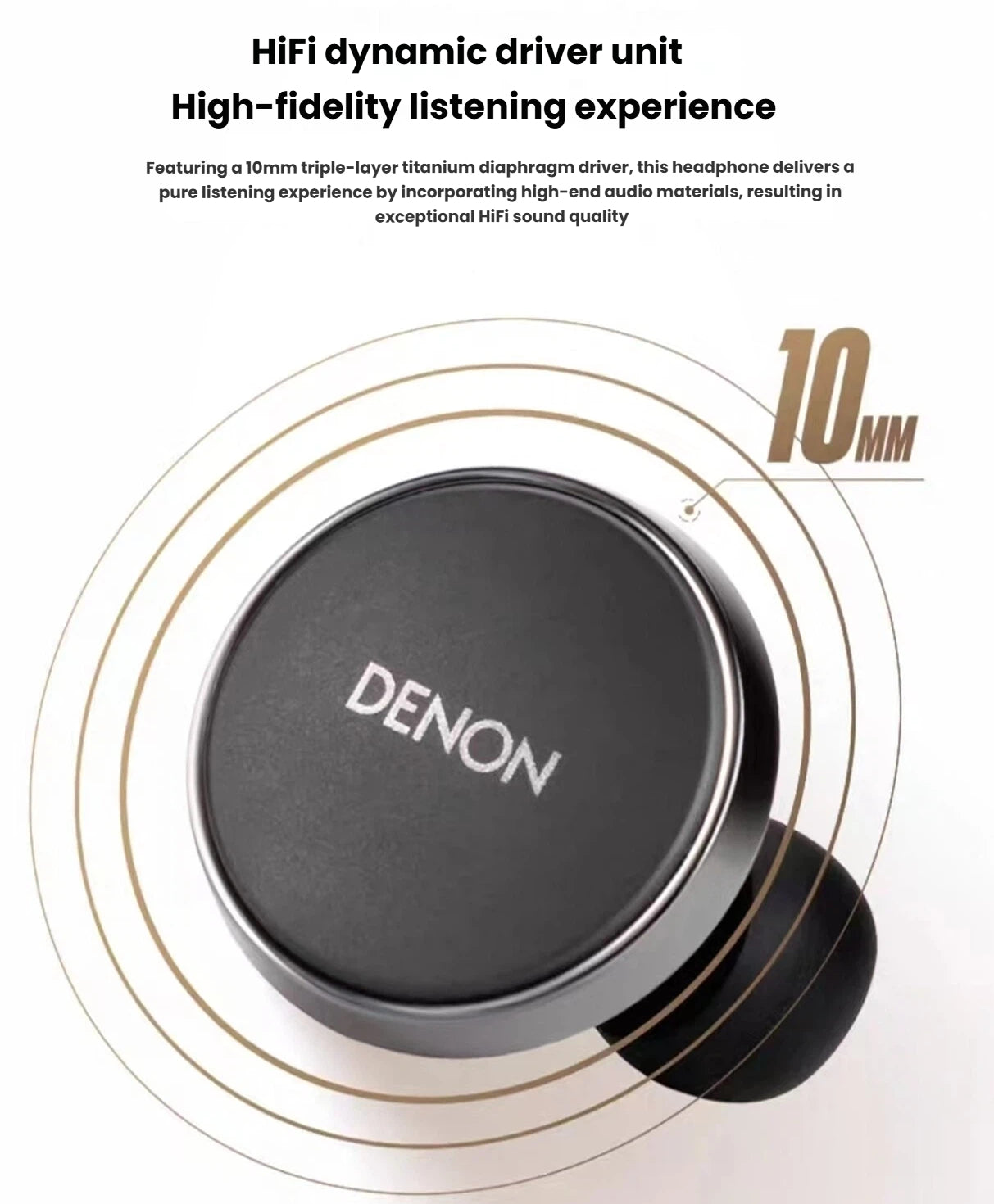 Close-up of Denon PerL Pro earbud driver unit with 10mm triple-layer titanium diaphragm — delivers pure, high-fidelity sound with exceptional detail and clarity for audiophile-grade listening.