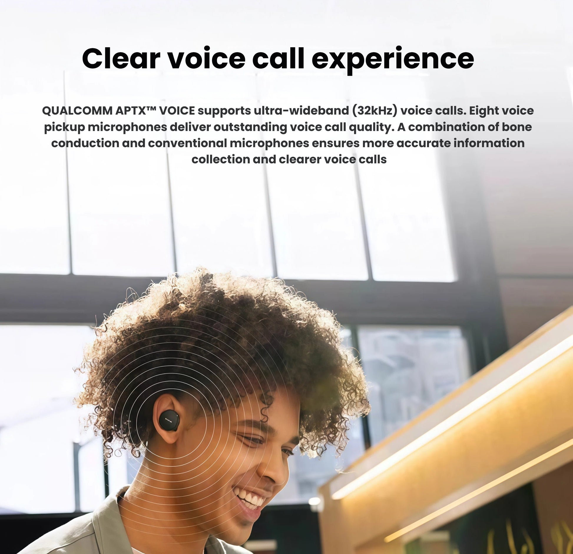 Man wearing Denon PerL Pro earbuds in an urban setting — showcasing clear voice call experience powered by Qualcomm aptX Voice and 8-microphone system with bone conduction for superior call clarity.