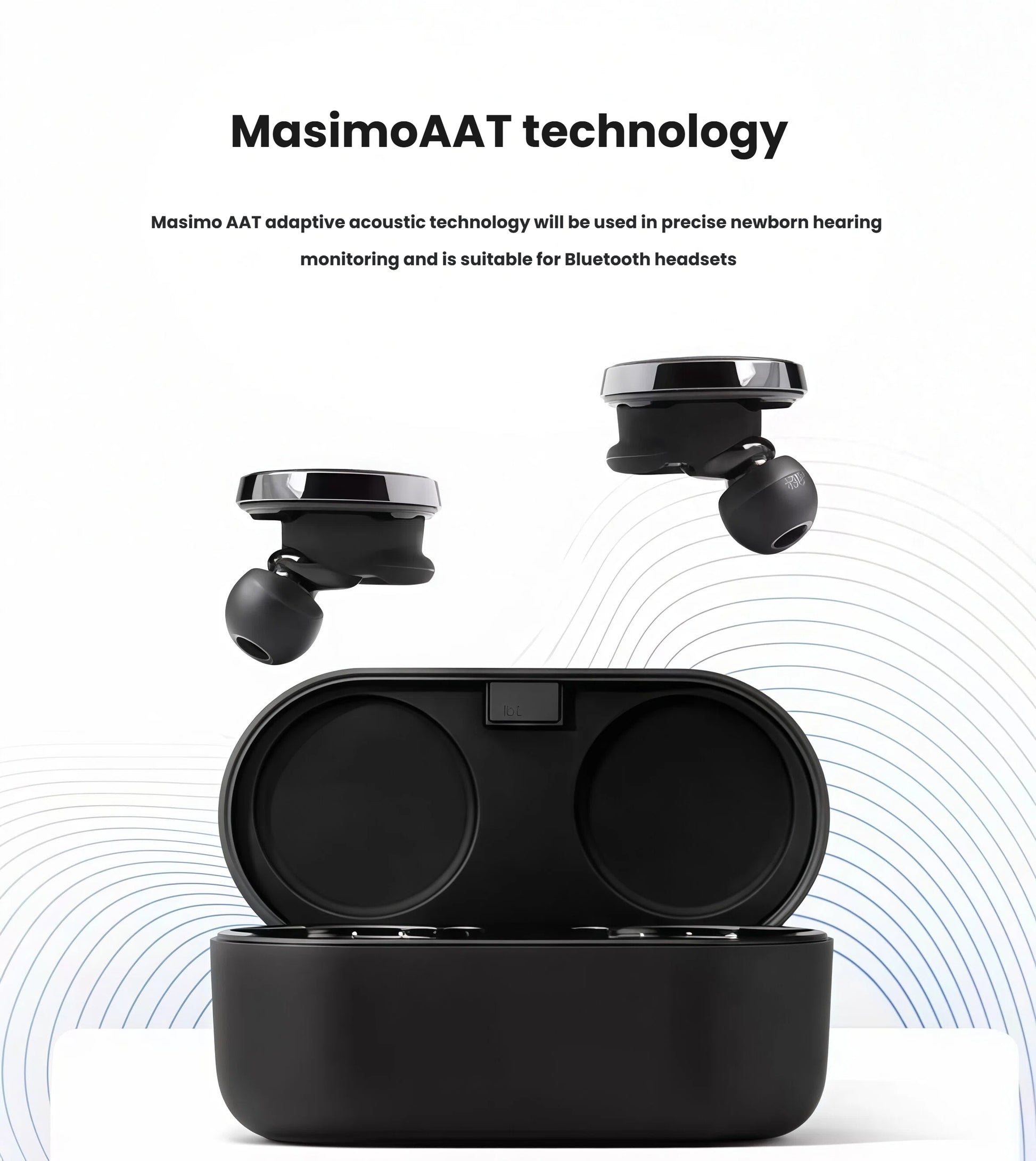 Denon PerL Pro earbuds floating above open charging case — highlighting MasimoAAT adaptive acoustic technology designed for precise sound reproduction and advanced Bluetooth headset performance.