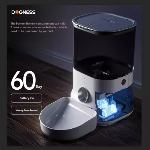 Dogness F11 Wi-Fi feeder glowing blue to show 60-day battery life for worry-free travel and power-outage protection.