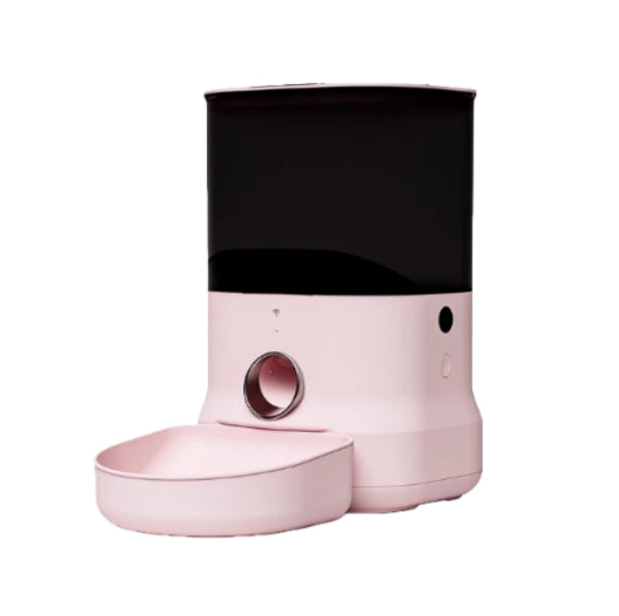 Pastel-pink Dogness F11 Wi-Fi smart feeder with sleek black hopper and matching pink bowl for cats and small dogs.