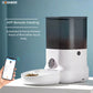 Hand holding smartphone scheduling meals via Dogness F11 Wi-Fi feeder app with precise portions and real-time notifications.