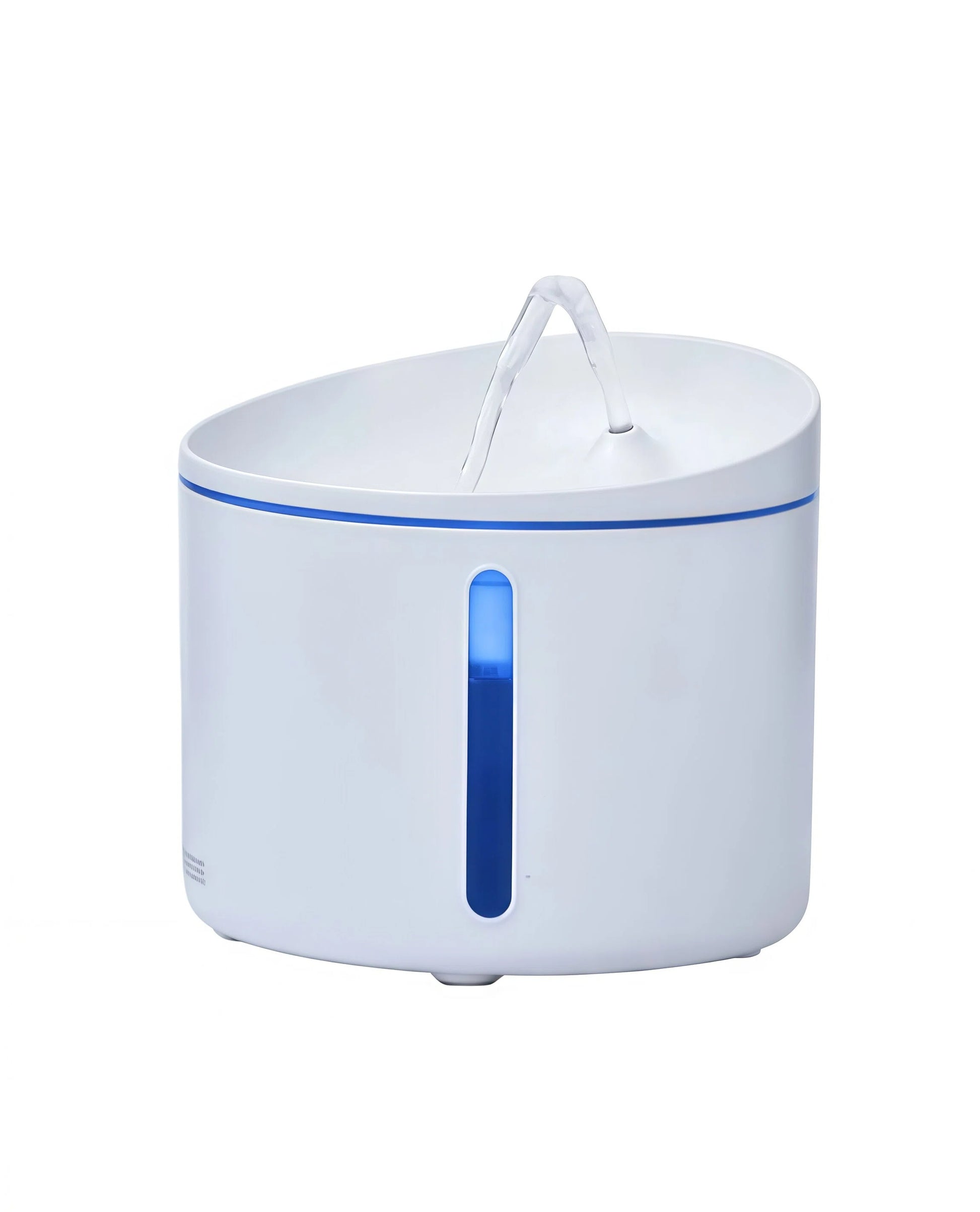 Dogness automatic cat water fountain in white with blue trim, featuring flowing water, transparent water level window, and sleek modern design