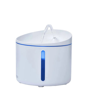 Dogness automatic cat water fountain in white with blue trim, featuring flowing water, transparent water level window, and sleek modern design