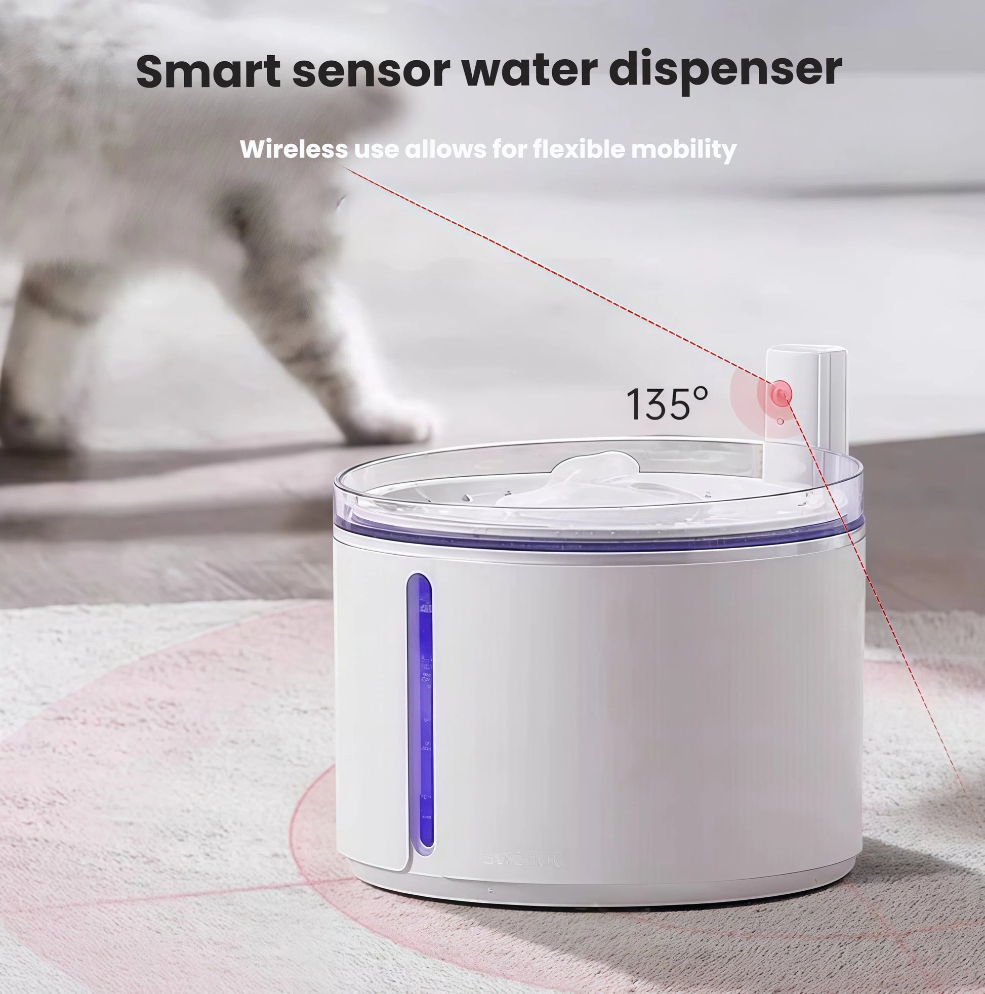 Dogness wireless smart water dispenser featuring 135° motion sensor detection range, enabling flexible placement and mobile use for pets at home or on travel