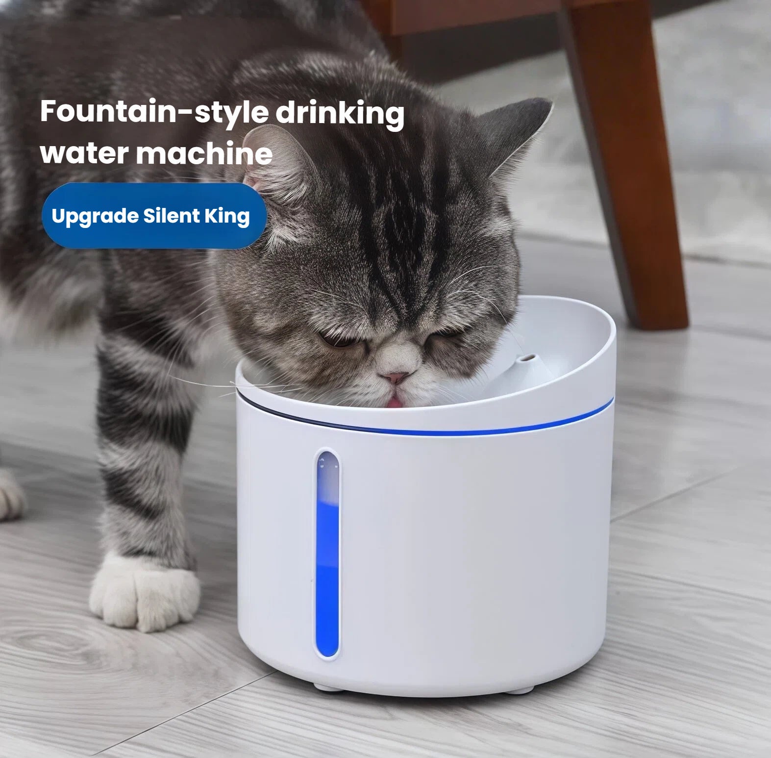 Gray tabby cat drinking from Dogness Smart Fountain Plus on wooden floor; quiet, fountain-style pet water machine designed for easy hydration