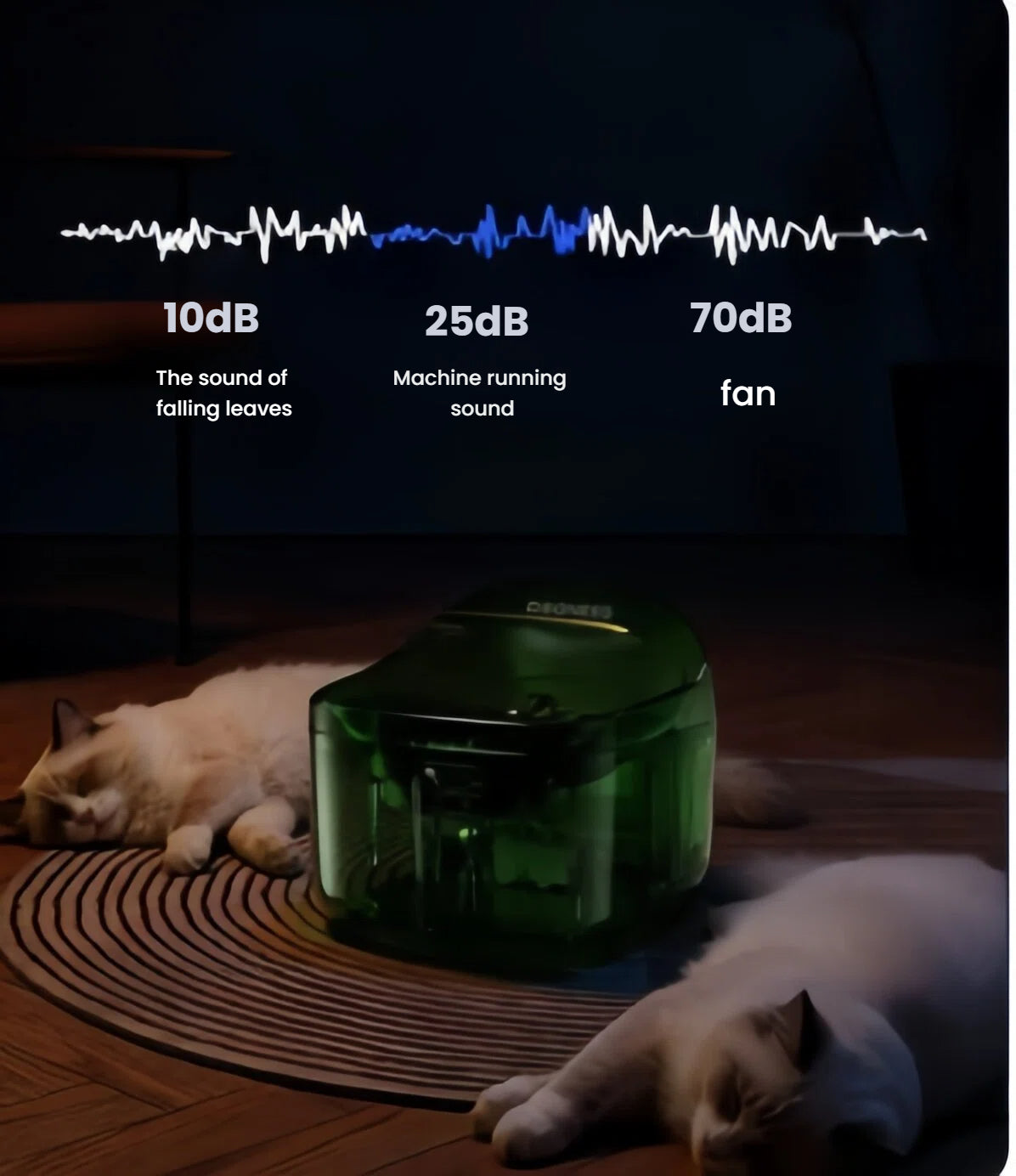 Two cats sleeping peacefully near a green Dogness Smart Water Fountain operating at 25dB – quieter than a fan and as soft as falling leaves, ensuring calm environment