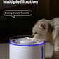 Fluffy gray cat drinking from Dogness automatic water fountain with glowing blue LED light; smart pet hydration device designed to encourage increased water intake