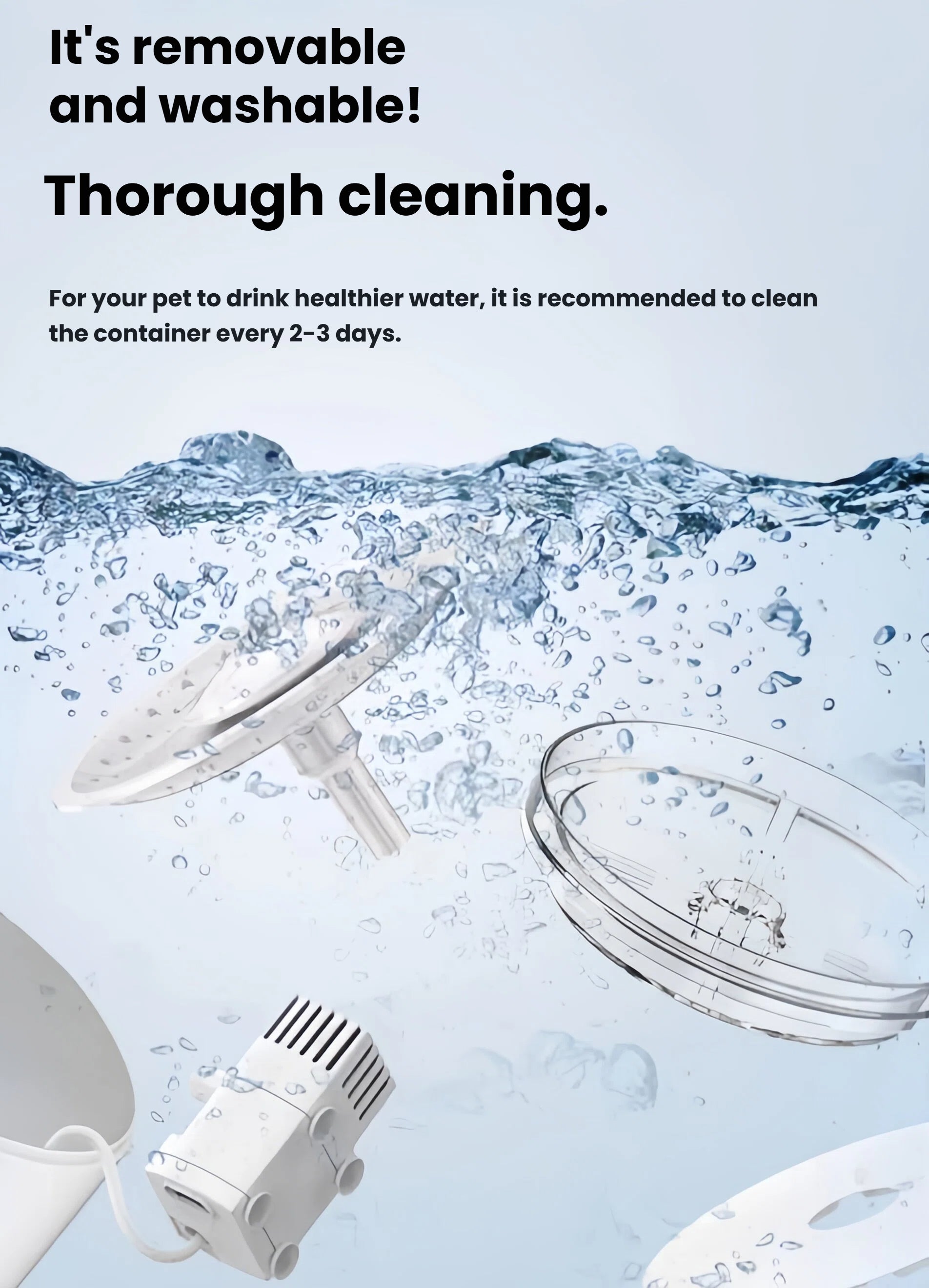 Disassembled parts of Dogness automatic water fountain floating in water — removable filter, pump, lid, and base for thorough cleaning every 2–3 days to ensure pet health