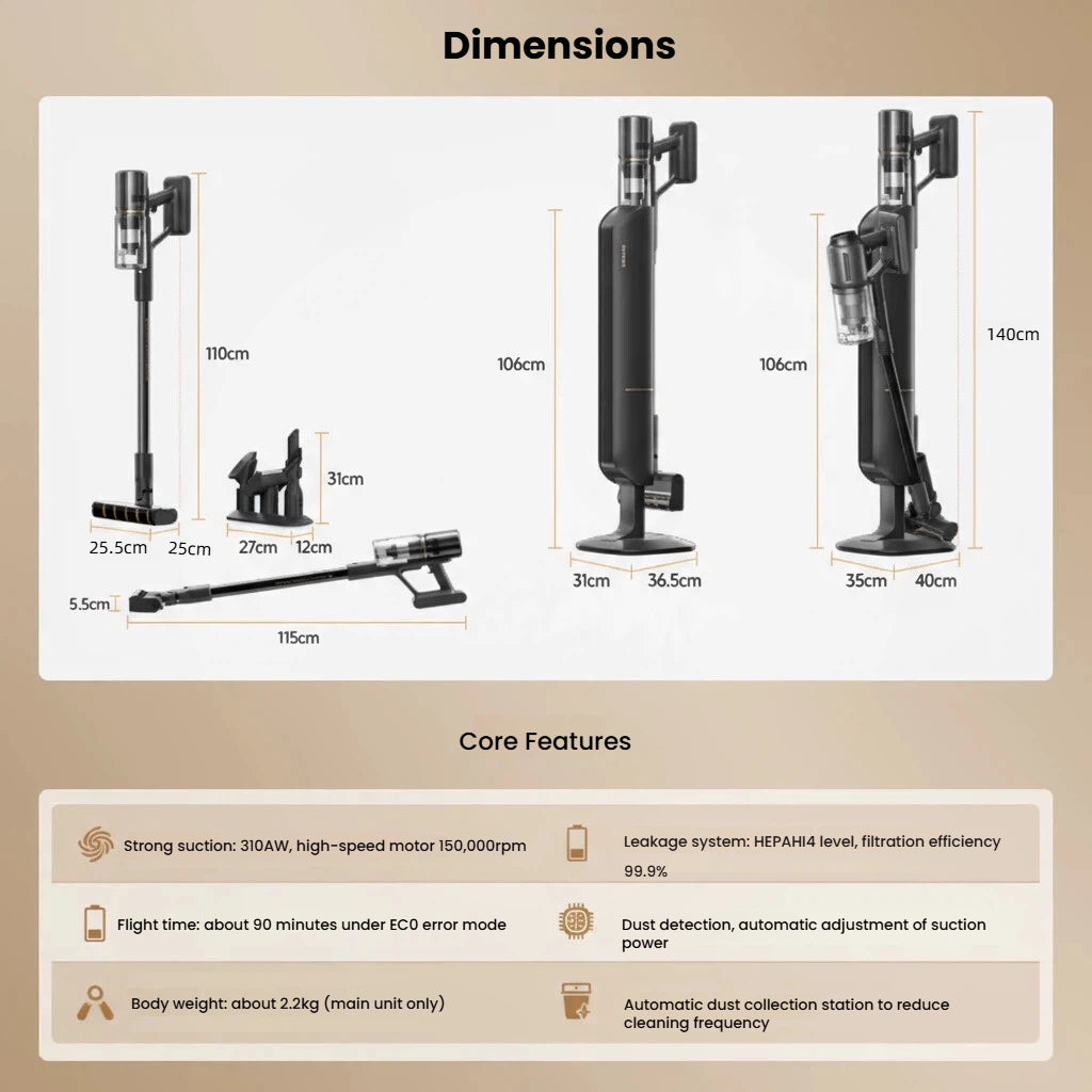 Dreame Z30 Station stick vacuum dimensions diagram showing 110cm handle, 106cm dock heights and core feature specifications