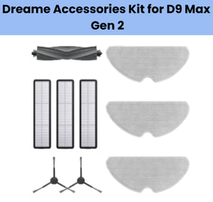 Dreame accessories kit for D9 Max Gen 2 robot vacuum including 3 grey U-shaped mopping cloths, 1 black anti-tangle main brush, 3 rectangular HEPA filters with white pleated media, and 2 black dual-arm side brushes for efficient cleaning on hard floors.