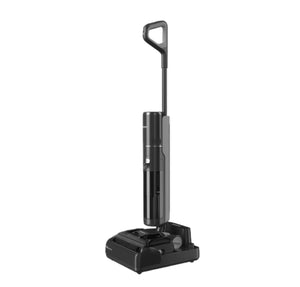 A clean product shot of the black Dreame H15 Pro Heat Wet and Dry Vacuum standing vertically in its self-cleaning and charging station against a plain white background.