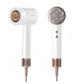 A front and back view of the Dreame Hair Glory Mix hair dryer in a clean white finish with elegant rose gold accents, showcasing its minimalist design and temperature control buttons.