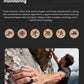 Rock climber scaling a cliff with the black Dreame Ring on his finger; overlaid icons show running, swimming, cycling and other sports modes supported by the ring’s three-axis motion sensors.