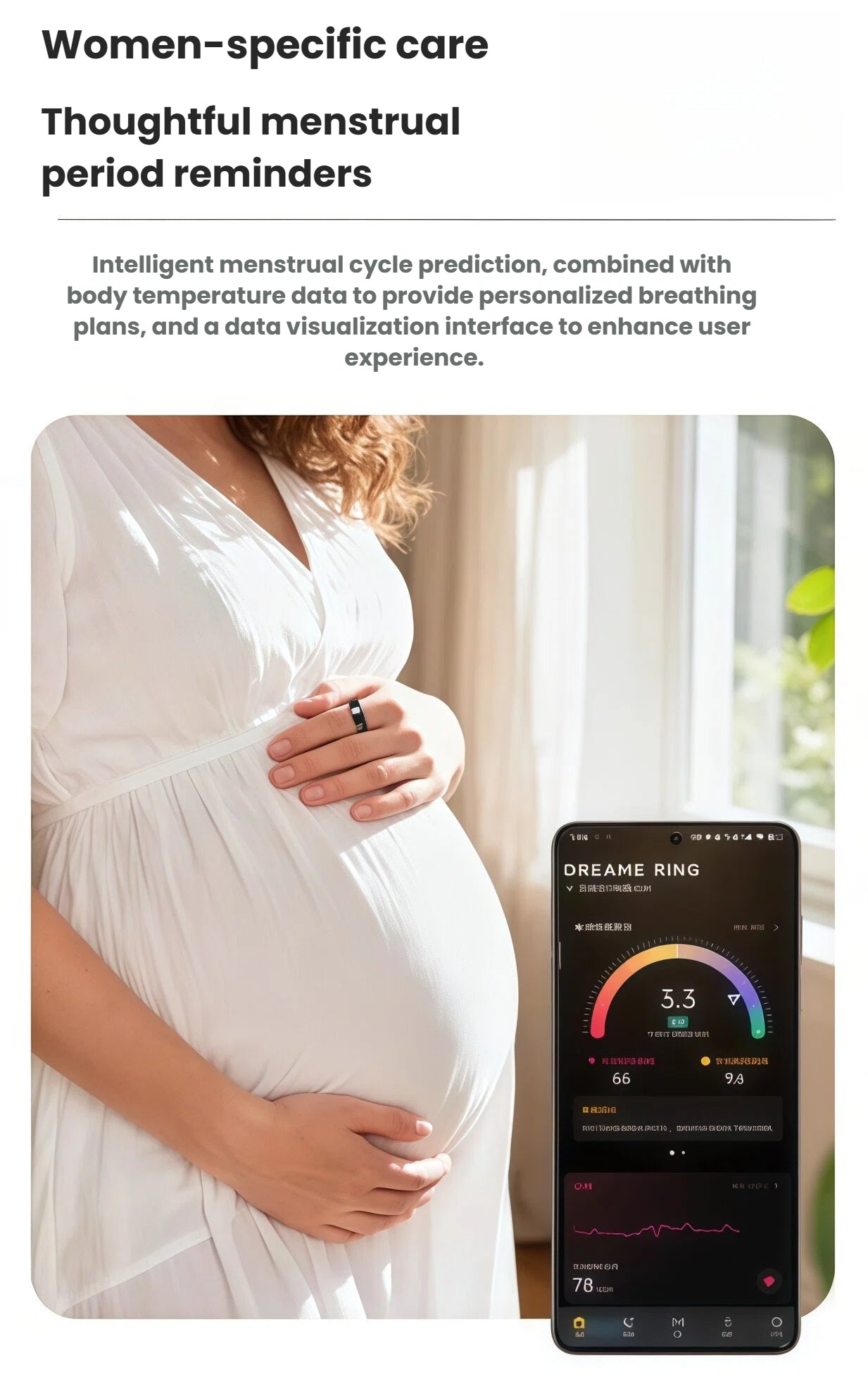 Pregnant woman in a white dress gently holding her belly while wearing the black Dreame Ring; smartphone displays personalized breathing plan and cycle insights via the Dreame app.