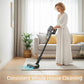 A lifestyle image of a woman effortlessly cleaning a rug in a bright, modern living room with the Dreame Z20 Station cordless vacuum. The image highlights the vacuum's blue light feature and its suitability for whole-house cleaning